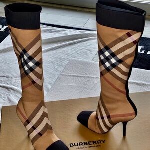 Burberry Black and Tan Plaid Heeled Boots